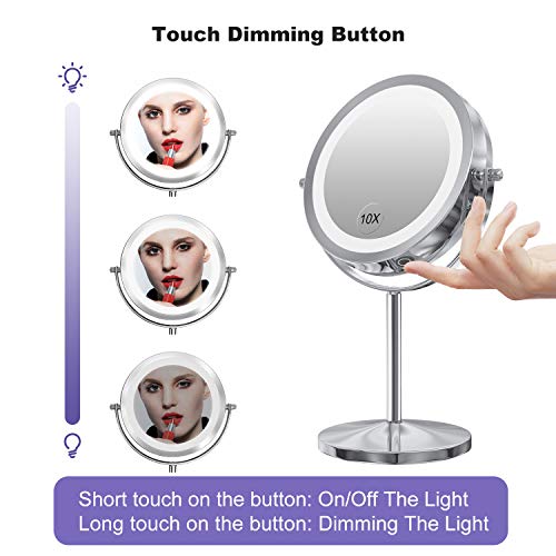 Gospire Led Makeup Mirror 1X/10X Magnifying With Touch Screen Adjustable Led Light, 7" Lighted Vanity Swivel Mirror Double Sided Cosmetic Mirror (Silver-Dimmable Switch) #TOP2