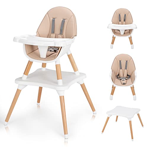 Image of Ktaxon 5-in-1 Baby High Chair, Wooden Convertible Feeding Highchairs with Removable Tray, Safety Harness, Portable Booster for Toddlers & Babies (Beige)