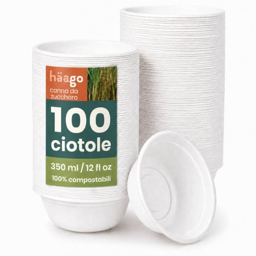 HAAGO 100 Ciotole in Canna da Zucchero 350 ml / 12 oz – Compostabili Monouso, Resistenti a Perdite e Grasso, Usa e Getta per Feste, Zuppe, Dessert, Gelato e Catering