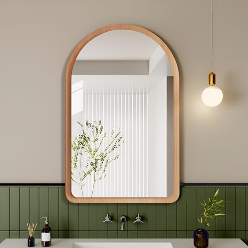Espejo de pared de madera rústica con esquina redonda de 56 x 36 cm, espejo decorativo versátil para dormitorio, sala de estar, baño, montaje en pared o mesa (acabado natural)