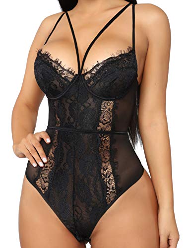 Women's Sexy Eyelash Lace Bodysuit Naughty Teddy Lingerie Black