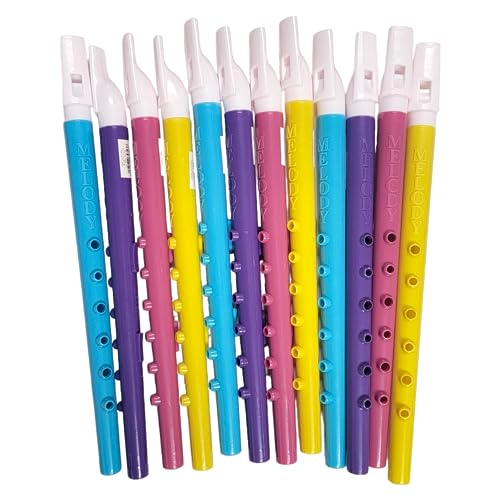 Assorted Colors Plastic Flutes (11") 6 Holes. Musical Wind Recorders Sound Instrument for Kids Toy for Music Party Favors Supplies (Twelve Flutes)