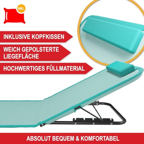 Onbest Bequeme Strandliege 165 cm lang - mit Verstellbarer Rückenlehne und Liegekissen – praktisches Staufach – Strandmatte klappbar – Leichter Transport – inkl. Tragetasche - Strandmatte (Türkis)