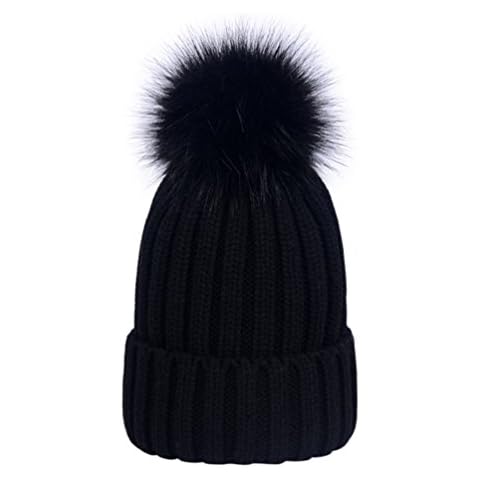 LAUSONS Women's Warm Ribbed Knit Winter Bobble Hat Faux Fur Pom Pom Beanie in Black Cover