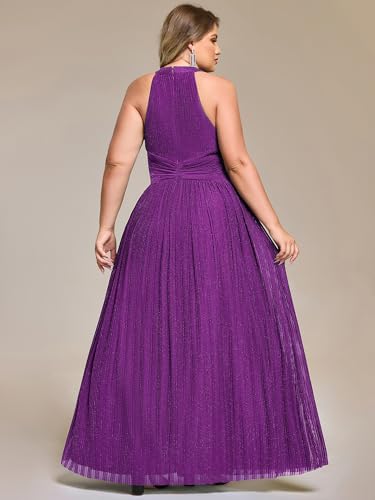 Image of Ever-Pretty Plus Women's Floor Length A-Line Halter Sleeveless Pleated Glitter Plus Size Formal Dress Evening Gown