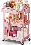 SUNALLY Makeup Cart Organizer with Drawers, Floor Skincare Organizers Vanity Storage Organizer, Rolling Makeup Bathroom Storage Cart Cosmetics Display Cases for Skin Care Perfume Nail Polish, Pink