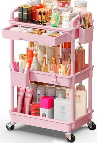 SUNALLY Makeup Cart Organizer with Drawers Floor Skincare Organizers Vanity Storage Organizer Rolling Makeup Bathroom Storage Cart Cosmetics Display Cases for Skin Care Perfume Nail Polish Pink