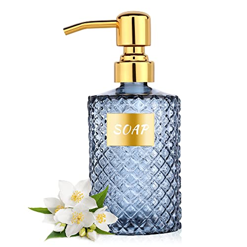MOCLIF 12OZ Diamond Glass Dispenser with Gold 304 Stainless Steel Bathroom Dispenser for Kitchen,Hand Soap,Shower Dish Soap,Lotion and other Liquids(Blue)