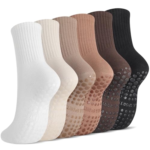 Jspupifip 6 Pairs Pilates Socks with Grips for Women Non Slip Grip Yoga Socks Grippy Crew Sock for Barre Ballet Barefoot Workout Hospital