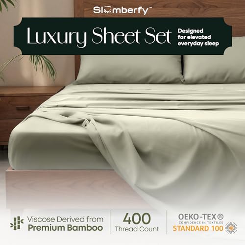 Image of Slumberfy 3-Piece 400 TC Viscose Derived from Bamboo Sheets, Twin Size - 1 Fitted, 1 Flat, 1 Pillow Case- Deep Pocket Cooling Viscose-Bamboo Bed Sheets in Magnetic Closure Gift Box, Light Green