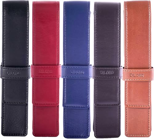 Image of DiLoro Leather Single Pen Case Pencil Pouch Holder for One Fountain Ballpoint Rollerball Pen and Pencil (Black Polished Nappa)