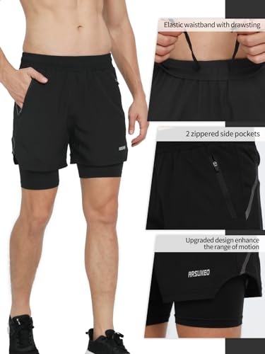 ARSUXEO Men's 2 in 1 Active Running Shorts Athletic Workout Shorts with 2 Zipper Pockets4