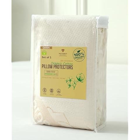 2-Pack Deluxe Organic Cotton Pillow Protectors Queen Size - Certified Organic Cotton, Waterproof, Zippered Encasement, Ultra-Soft Knit Fabric, Thick 280 GSM Cotton Cover