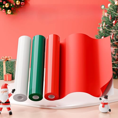 Image of 3 Rolls 10 inch X 5 FT HTV Vinyl Rolls Green White and Red Heat Transfer Iron On for T-Shirt Easy to Cut Weed for Heat Design