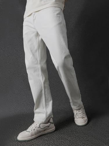 Image of VOLTEDGE Men's Straight Fit Mid Rise Premium 100% Cotton Stretch White Casual Denim Jeans