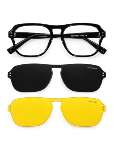 Image of HASHTAG EYEWEAR 3-in-1 Magnetic Clip-On Polarized Sunglasses for Men | Spectacle Frame with UV400 Protection | Day & Night Magnetic Glasses | Clip-On Eyewear for Men