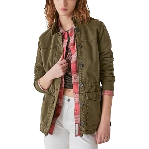 Lucky Brand Women's Long Sleeve Button Up Two Pocket Utility Jacket, Olive Night, Medium Cover