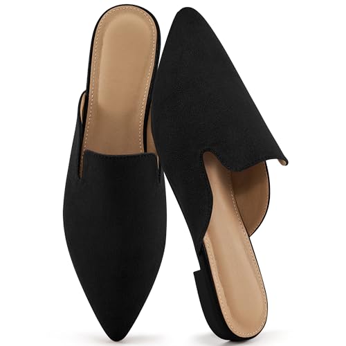 Ecetana Womens Mules Flats 2026 Pointed Toe Dressy Slip On Work Shoes for Business Comfortable Casual Slides Backless Loafers Black