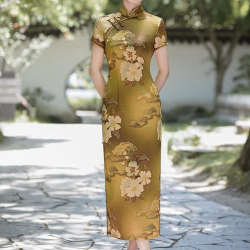 Robe cheongsam sophistiquée de style chinois pour femme avec manches courtes et coupe ajustée élégante (XL doré)
