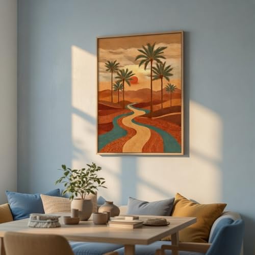 Image of SAF Desert Sunset Palm Tree Wall Art with Wooden Frame | Aesthetic Landscape Painting with River & Sunset | HD UV Laminated Print on MDF for Living Room Bedroom Office Decor 13.5 x 19.5 Inch