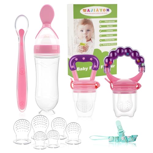 Image of WAJIAYON Baby Fruit Feeder Pacifier - 12 Pack | 2 Infant Food Feeder Pacifier & 1 Baby Food Dispensing Spoon | Fresh Fruit Teethers for Babies | Silicone Feeder Babies,Infant Teething Feeders (Pink)