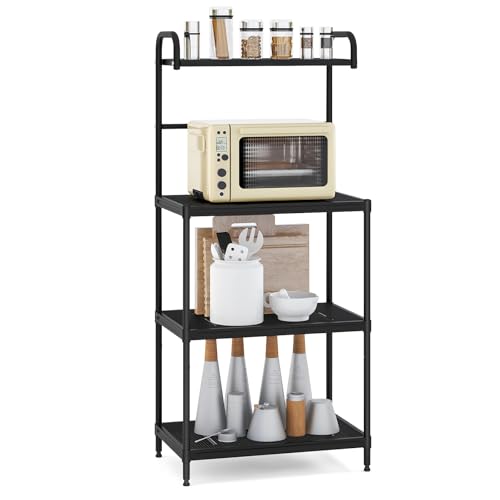 KOMFOTTEU Estantería de Cocina de 4 Niveles, Soporte de Microondas de Metal, Estante de Panadería de Pie con Patas Antideslizantes, Mueble Auxiliar de Comedor, 59 x 34 x 136 cm (Negro)