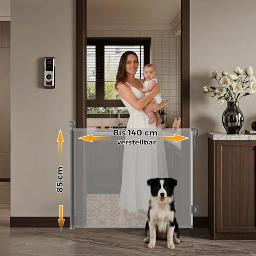 Allyson® Treppenschutzgitter Ausziehbar, Türschutzgitter bis 140 cm Treppengitter für Kinder & Haustiere, Kinderschutzgitter 85 cm Höhe, Haustierschutzgitter Einziehbar, Verstellbar & Stabil – Grau