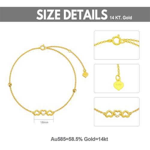 Rikelus Gold Heart Bracelet For Women 14K Real Gold, Trible Hearts Link Bracelet Gifts For Mom Wife Girlfriend 6.5+2 Inch (Style 1, 14K Yellow Gold) #TOP2