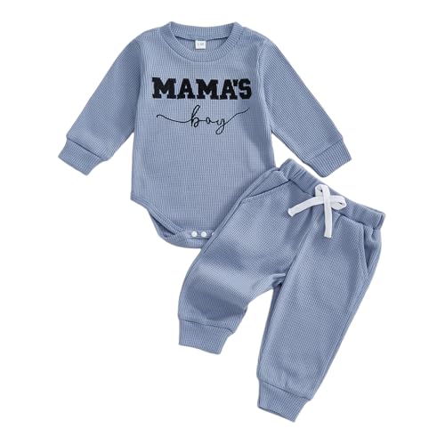 Image of Kupretty Baby Boy Clothes 3 6 12 18 Months Fall Winter Outfit Mama's Boy Embroidery Waffle Long Sleeve Romper Pants Set