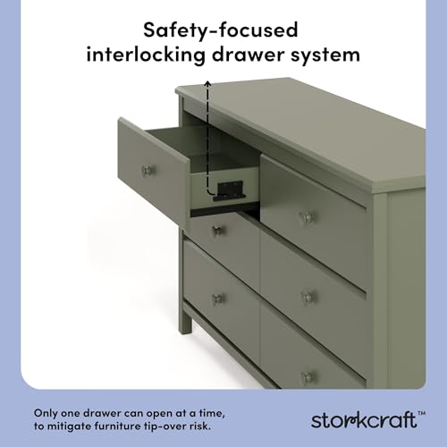 Image of Storkcraft Alpine 6-Drawer Dresser (Olive) - GREENGUARD Gold Certified, Green Dresser for Bedroom, Kids & Nursery Storage Drawers, Safety Interlocking Drawers, Pre-Installed Tracks, Kids Bedroom