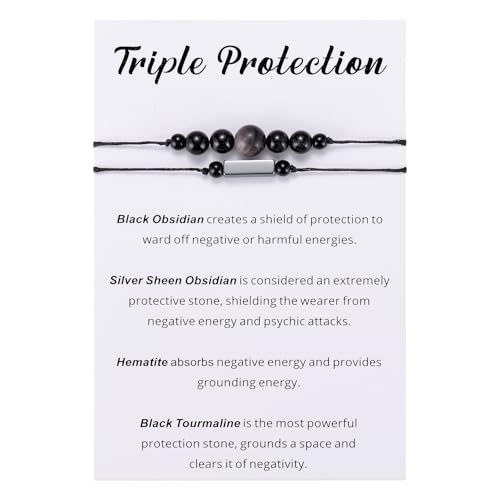 Kvekstio Triple Protection Bracelet for Men Women, Empath Protection Bracelet Gifts, Black Tourmaline and Obsidian Gifts for Him Her, Adjustable Negative Energy Blocker Jewelry