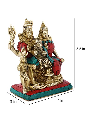 Image of Collectible India Shiva Family Brass Sculpture - Shiv Shankar, Ganesh, Parvati, Kartikey Statue (Multicolour, 5.5x4 Inches)