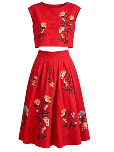 Image of Women Floral Embroidery Dress Sleeveless 2 Piece Tank Top and Skirt Loose Fit Boho Dress