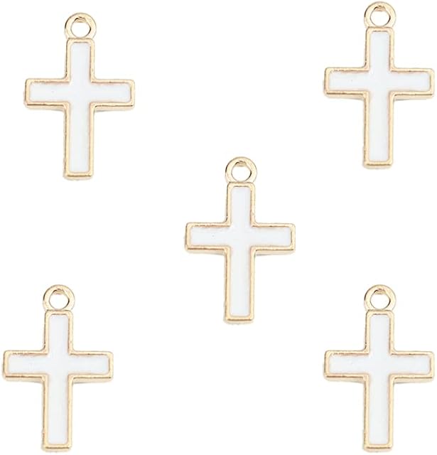 Gold/White Enamel & Alloy Cross Charms 10.5mm x 16.5mm Pack of 5 for Elegant Jewellery Making Supplies