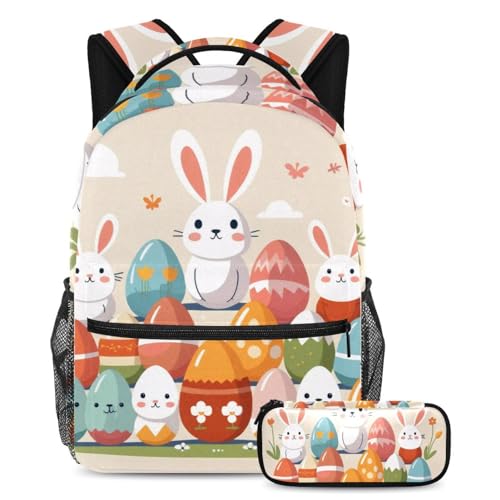 Sac à dos lapin de Pâques de grande capacité avec trousse pour ados et enfants