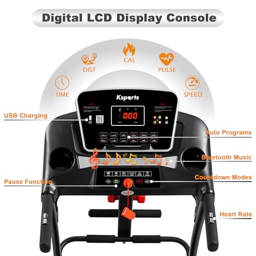 Image of Ksports Foldable 16.5 Inch Cardio Fitness Portable Treadmill with Bluetooth Connectivity, LCD Display, and Tracking Apps for Home Gym Equipment, Black