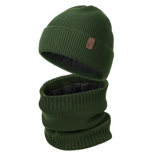 Wmcaps Wintermütze Schal Set für Herren Damen, mit Fleece Gefütterte Strickmütze und Halswärmer Weich Warm Thermische Accessoires für Kaltes Wetter Unisex Geschenk für Männer Frauen, Armeegrün