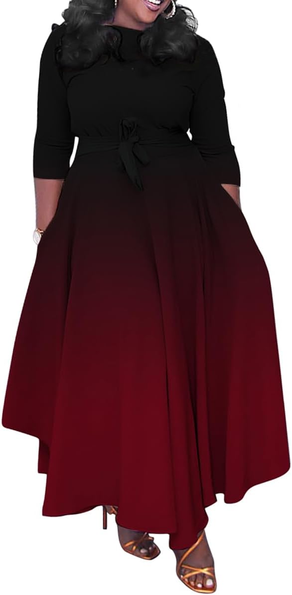 BFFBABY Women's Wrap V Neck Plus Size Maxi Dresses 3/4 Sleeves Chain Floral Printed Swing Dress with Belt