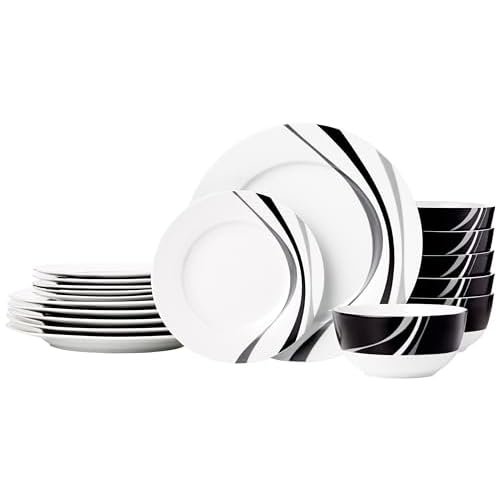Amazon Basics Dinnerware Set, Microwave and Dishwasher Safe, Service for 6, 18-Piece Complete Kitchen, Plates, Dishes, Bowls, Swirl