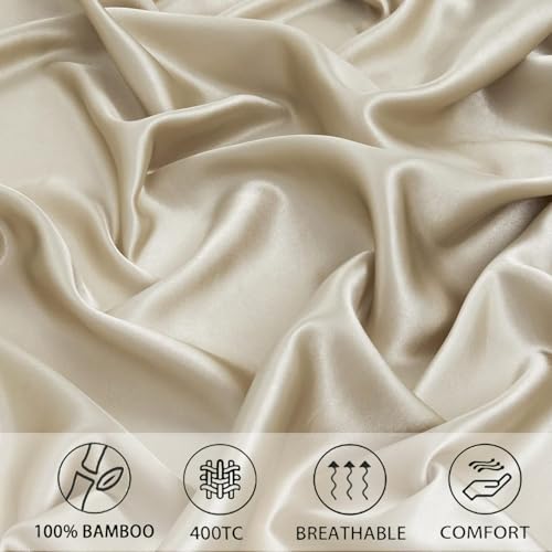 Image of RD TREND Microfiber Satin Weave Fitted Bedsheet for Double Bed King Size (78x72x10 Inch) with 2 Pillow Covers (18x28 Inch),400 TC Elastic All Around | (Beige)