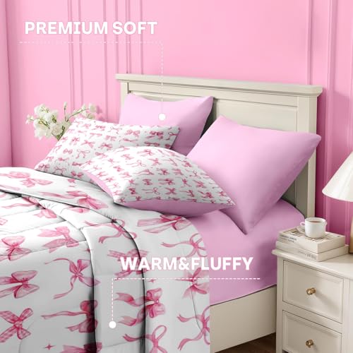 Image of Nesker Bow Comforter Set Twin Size, 5 Pieces Bed in a Bag, Pink Bow Bedding Set for Girls, Ribbon Bowknot Comforter Set with 1 Pillowcase & 1 Sham