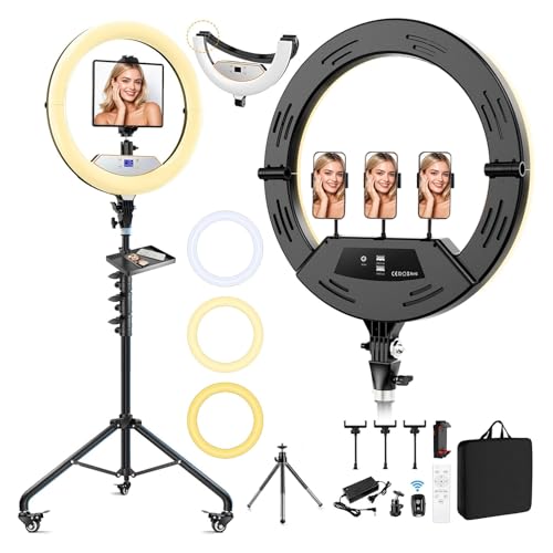 Image of 18 inch Large Ring Light with Stand, Upgraded Foldable LED Big Ringlight with 75 inch Tripod & Wheel Tray for Live Tattoo Makeup Video Recording Barber Photography