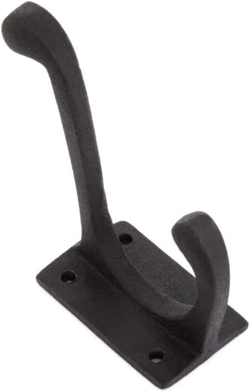 Renovator's Supply Black Wrought Iron Double Coat Robe Hooks 4 Inches Long Rustic Entry Way Hat Or Jacket Hanger Wall Mount Including Complete Mounting Hardware Pack of 4