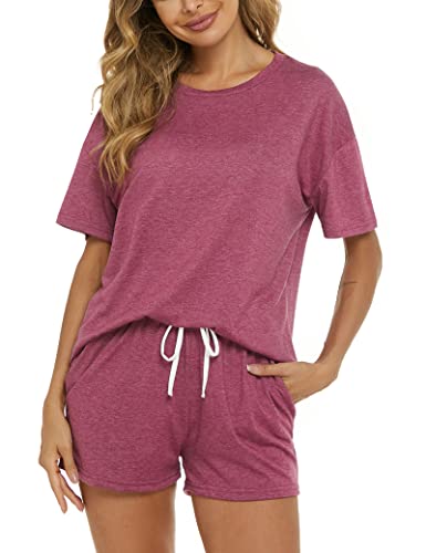Image of LOCUBE Women's Pajama Set Soft Comfy 2-Piece Short Sleeve Lounge Sleepwear with Drawstring Shorts and Pockets
