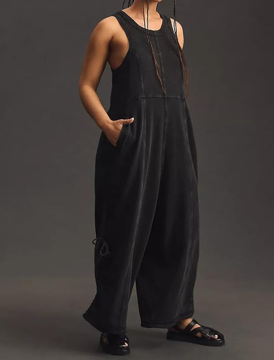 Womens Casual Jumpsuits Solid Color Loose Fit Summer Sleeveless Wide Leg Jumper Romper Zipper Down Travel Loose2