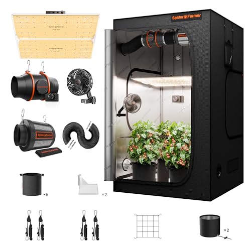 Spider Farmer Grow Tent Kit Complete 4x4ft SF4000 Dimmable Samsung LM301H EVO LED Diodes, 450W Complete System 4x4x6.6 Grow Tent Set 48'x48'x80' with 6' Ventilation System & 6'' Clip Fan