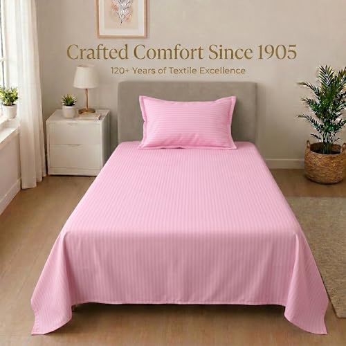 Image of Mafatlal Classic 210 TC 100% Cotton Single Bedsheet | 90 x 60 Inches | Gentle & Soft Cotton | Italian Stripes Pattern | Breathable Everyday Comfort | Light Pink