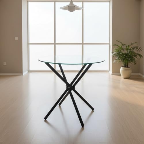 Image of Round Glass Dining Table 30 Inch Diameter with 10 mm Toughened Clear Glass Top Folding Stainless Steel Grade 202 Frame Compact Table for Kitchen Dining Room Balcony Cafe (Black Powder Coated)