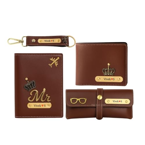 Image of Personalized Leather 4 Pcs Gift Set | Personalised Birthday Gift for Men, Brother, Father, Husband with Name Engrave | Customized Gift Hamper