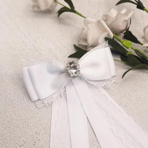 Image of Fashion Ribbon Bow Tie Brooch Pins for Women Girls Crystal Lace Uniform Pre-Tied Necktie Bowknot Corsage Brooches Party Ceremony Accessories Christmas Birthday Elegant Accessory